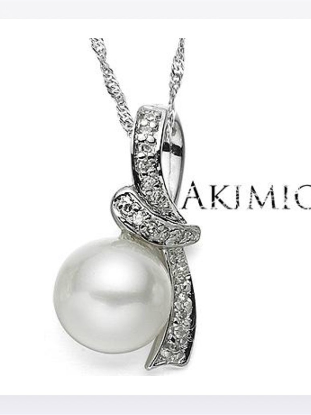 Akimio DIA Pearl Necklace 7mm AA Pearl Platinum Plated Sterling Silver 18” NEW!